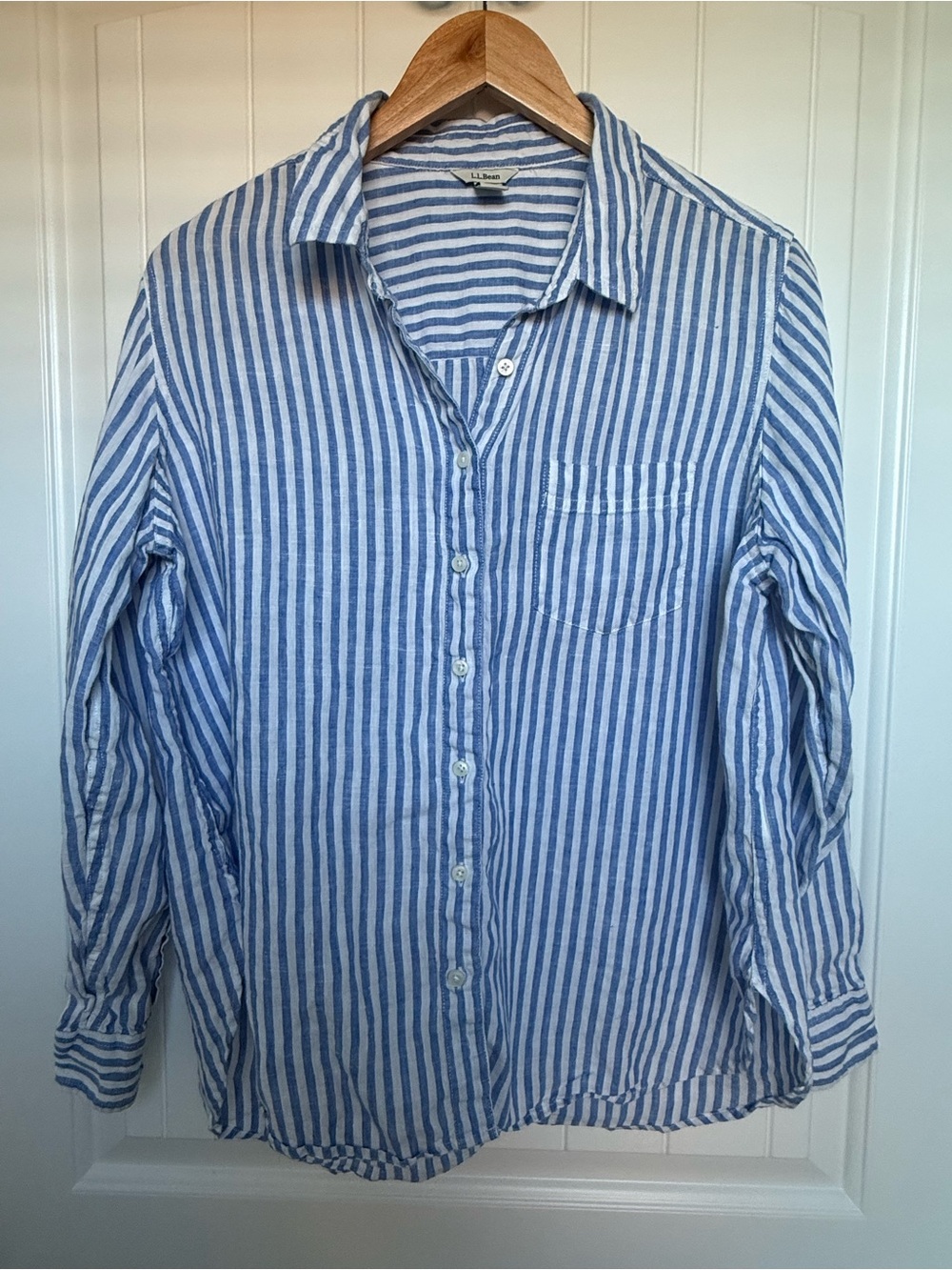 LL Bean Blue White Striped Linen Button Down Shirt Large Long Sleeve Coastal L